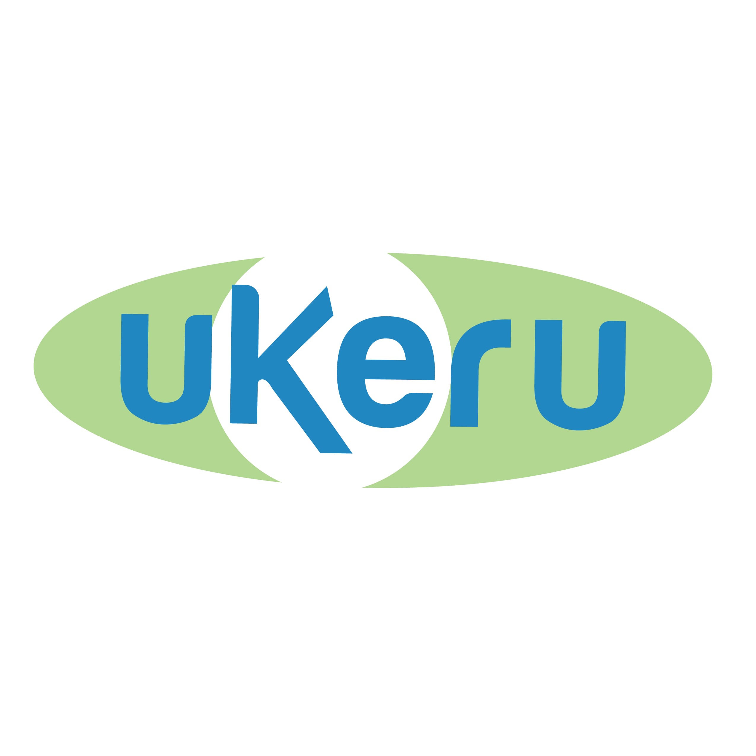 The Ukeru logo features blue text with a speech bubble design against a soft green gradient background.