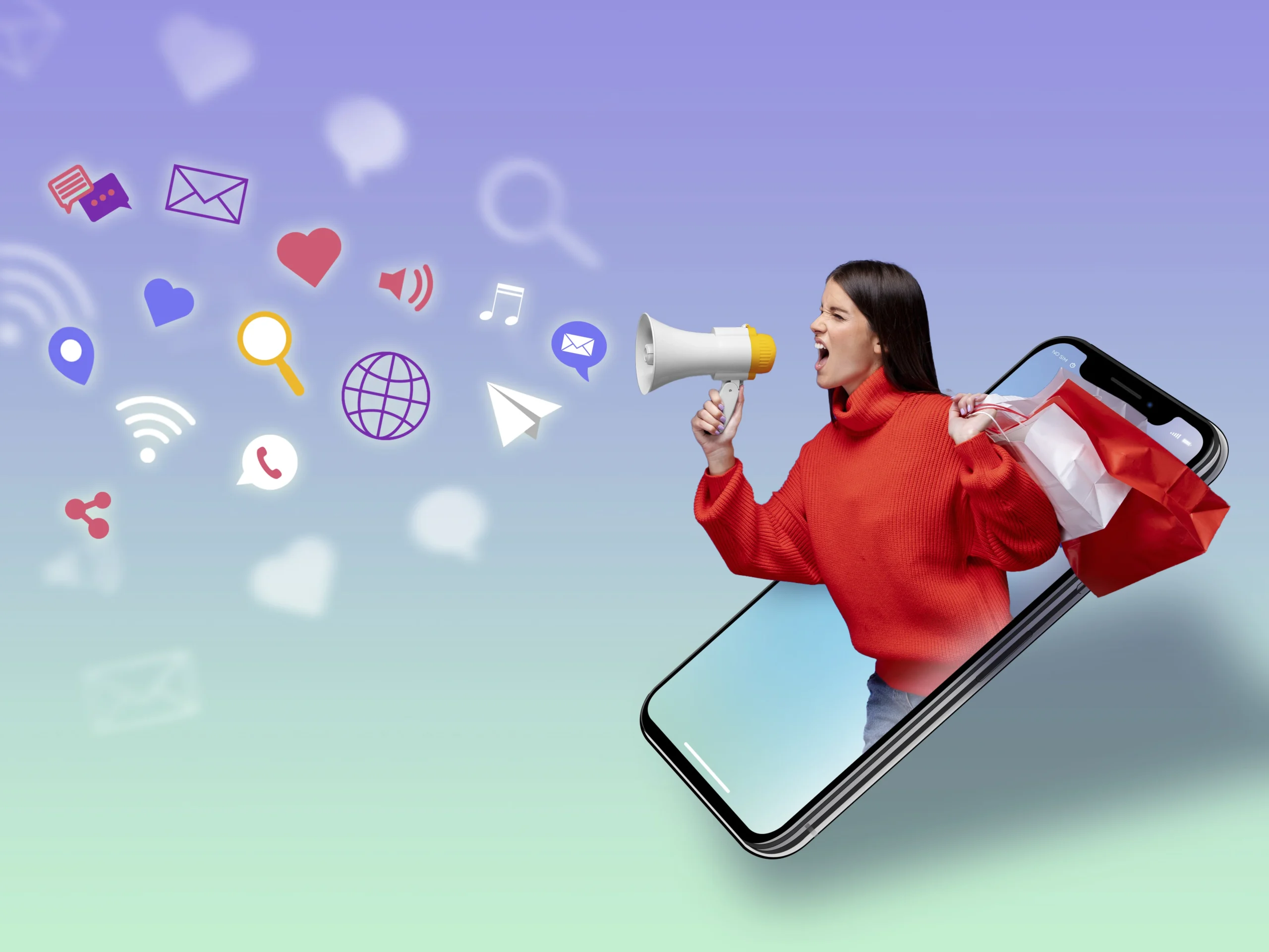 A woman in red clothing emerges from a smartphone screen holding a megaphone, surrounded by floating social media icons on a purple-to-teal gradient background.