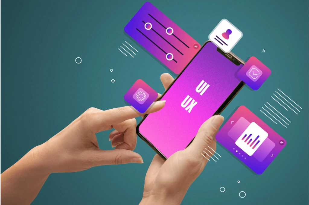 A pair of hands holds a vibrant magenta smartphone displaying floating app icons and UI elements against a teal background.
